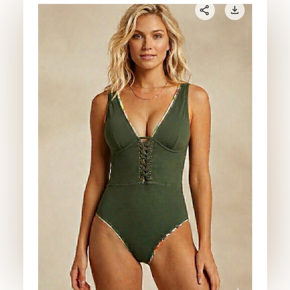 TINIBIKINI Watercolour Tropical Print & Sage Green REVERSIBLE One Piece Swimsuit - Picture 2 of 8